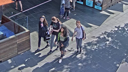 CCTV captured the group strolling through DFO South Wharf in Melbourne. (Victoria Police)