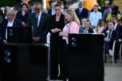 Mayor of Geneva Alfonso Gomez, WHO Director General Tedros Adhanom Ghebreyesus, Meghan Markle, Duchess of Sussex and Amy Neville, Parent, The Parents Network Ambassador, Child Safety Online Advocate, President of the Alexander Neville Foundation attend the inauguration of the Lost Screen Memorial, ahead of the opening of the 79th World Health Assembly at Place des Nations on May 17, 2026 in Geneva, Switzerland. 