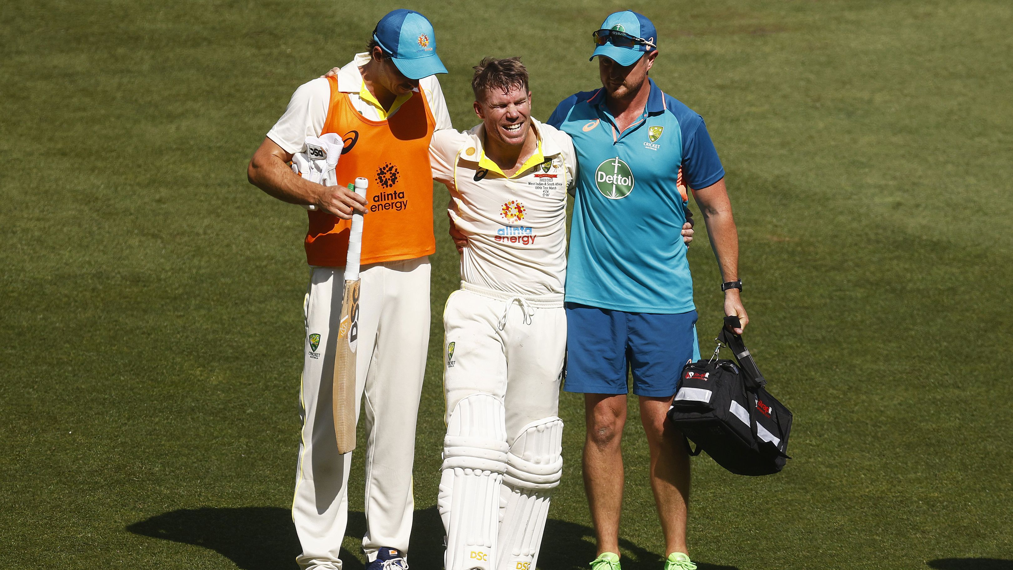 David Warner of Australia leaves the field injured after celebrating his double century. (Photo by Daniel Pockett - CA/Cricket Australia via Getty Images)
