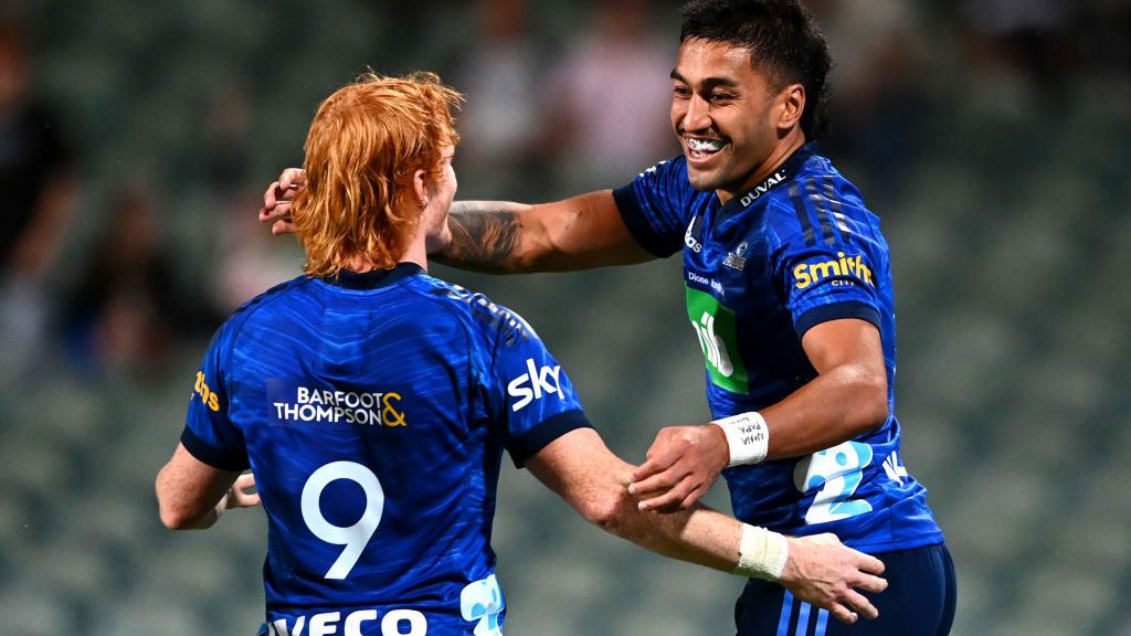 Rieko Ioane of the Blues celebrates after scoring a try with Finlay Christie.