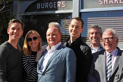 (L - R) Actors Brian Dietzen, Emily Wickersham and Mark Harmon, executive producer Mark Schilz, actor Sean Murray and executive producers George Schenck and Gary Glasberg attend the cake cutting celebration for "NCIS" 300th episode on February 9, 2016 in Valencia, California.