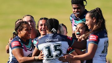 The Cowboys celebrate a try cored by Sareka Mooka of the Cowboys during the round two NRLW match between Newcastle Knights and North Queensland Cowboys at Belmore Sports Ground, on July 30, 2023, in Sydney, Australia. (Photo by Jeremy Ng/Getty Images)