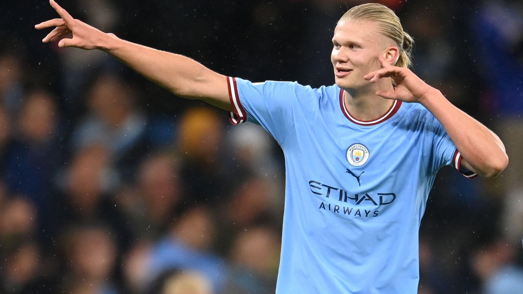 Erling Haaland of Manchester City celebrates after scoring his second goal.