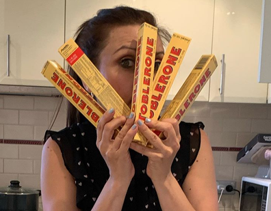 Jo Abi holding Toblerones