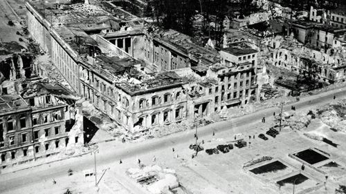 The ruined Reichschancellory in Berlin. Hitler's burned body was discovered just in front of it by Soviet troops. (AP).  