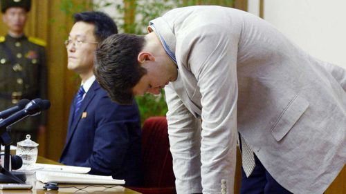 Otto Warmbier bows his head in apology during a press conference last month. (AAP)