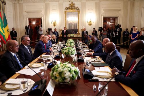 Liberian President Joseph Boakai, second from right, attends a lunch with other African leaders hosted by US President Donald Trump in the State Dining Room at the White House in Washington, DC, on July 9.