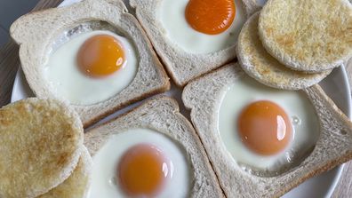 Eggs cooked in bread on a sandwich press are easy and neat