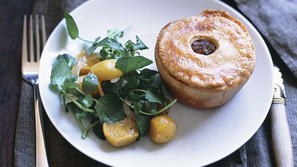 Truffled pork pies with watercress and beetroot salad