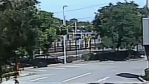 The train was caught on CCTV ricocheting off the buffer barricade at the end of the train line. (Supplied)