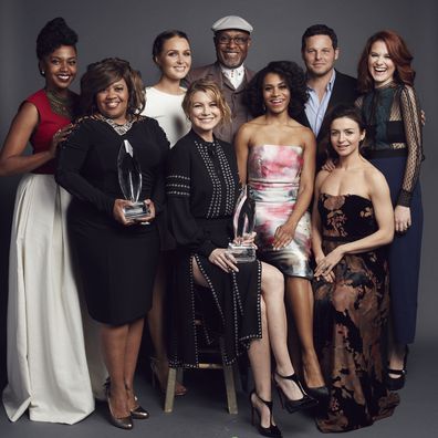 The cast of 'Grey's Anatomy'  actors Ellen Pompeo, Justin Chambers, Jessica Capshaw, Jerrika Hinton, Chandra Wilson, Caterina Scorsone, Sarah Drew, Kelly McCreary, and James Pickens Jr.  pose for a portrait at the 2016 People's Choice Awards at the Microsoft Theater on January 6, 2016 in Los Angeles, California. (Photo by Smallz & Raskind/Getty Images for The People's Choice Awards)