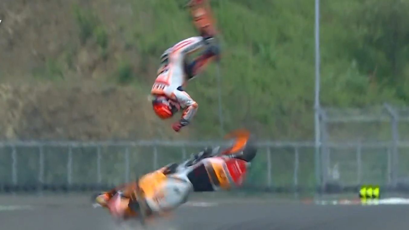 Marc Marquez experiences a massive highside accident which sees him flung into the air.