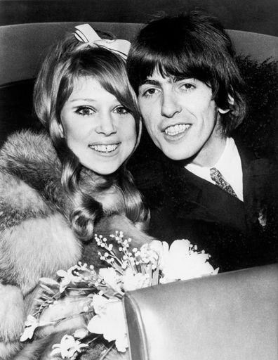 George Harrison of 'The Beatles' and his bride, the former Patti Boyd, 21, drive away after their wedding at Epsom register office in Surrey.   (Photo by PA Images via Getty Images)