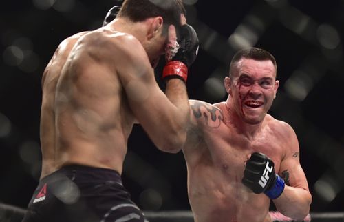 Fighters Demian Maia and Colby Covington during a fight for the middleweight category on UFC S Paulo's main card Paulo held at the Ibiraquera gym. (AAP)