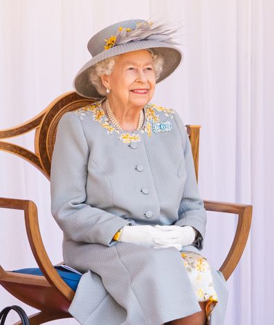 WINDSOR, ENGLAND - JUNE 12: Queen Elizabeth II attends the Trooping of the Colour military ceremony in the Quadrangle of Windsor Castle to mark her Official Birthday on June 12, 2021 at Windsor Castle on June 12, 2021 in Windsor, England. (Photo by Pool/Samir Hussein/WireImage)