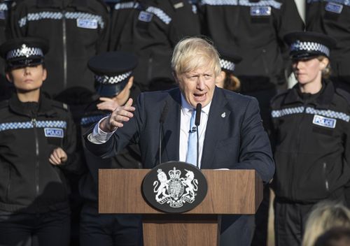 Prime Minister Boris Johnson gives a speech to police officers during a visit on September 5, 2019 in West Yorkshire, United Kingdom. The government promised $1.3bn in a spending review to fund the first year of a plan to recruit an extra 20,000 police officers.