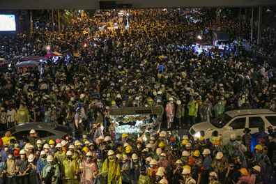 Pro-democracy protesters attend a rally on October 21, 2020 in Bangkok, Thailand.