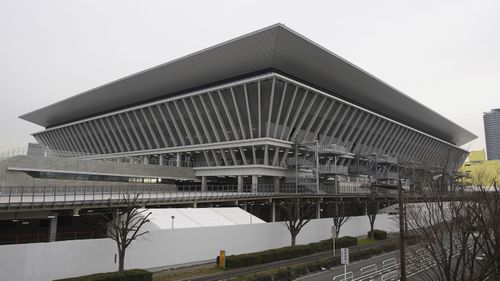 A picture shows the Tokyo Aquatics Centre, a venue of Artistic Swimming, Swimming and Diving during Tokyo Olympic and Paralympic, in Koto Ward, Tokyo on Feb. 25, 2020. The facility will be completed on Feb. 28th. 