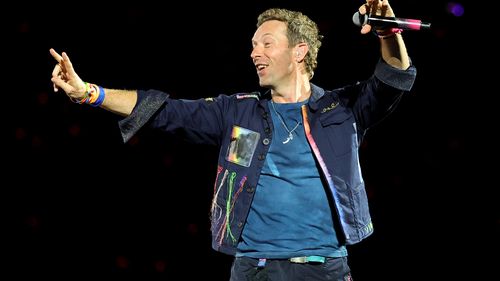 Chris Martin of Coldplay performs on a stop of the band's Music of the Spheres world tour at Allegiant Stadium on June 06, 2025 in Las Vegas, Nevada. 