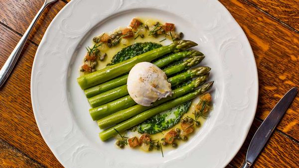 Bistrot Gavroche's green asparagus with grenobloise sauce and fresh herb coulis