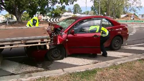 The pursuit came to an end when the car smashed into the back of a small truck. Picture: 9NEWS