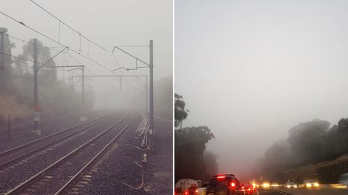 Commuters have shared photos of the fog currently blanketing parts of Sydney. (Instagram/@gissy_manda/Twitter/@vijayarumugam)