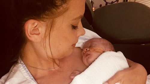 Queensland mum Taylor Scott with her newborn son, Jaxson Ray O’Regan. (Supplied)