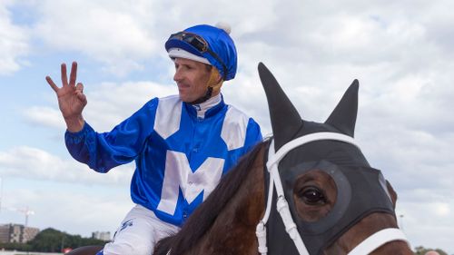 Winx ridden by Hugh Bowman wins Race 6, the Colgate Optic White Stakes during The George Main Colgate Optic White Stakes Race Day at Randwick Racecourse on September 16. (AAP)