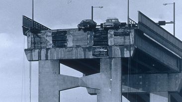 The Tasman Bridge over the Derwent River, Hobart, after the 1975 disaster.