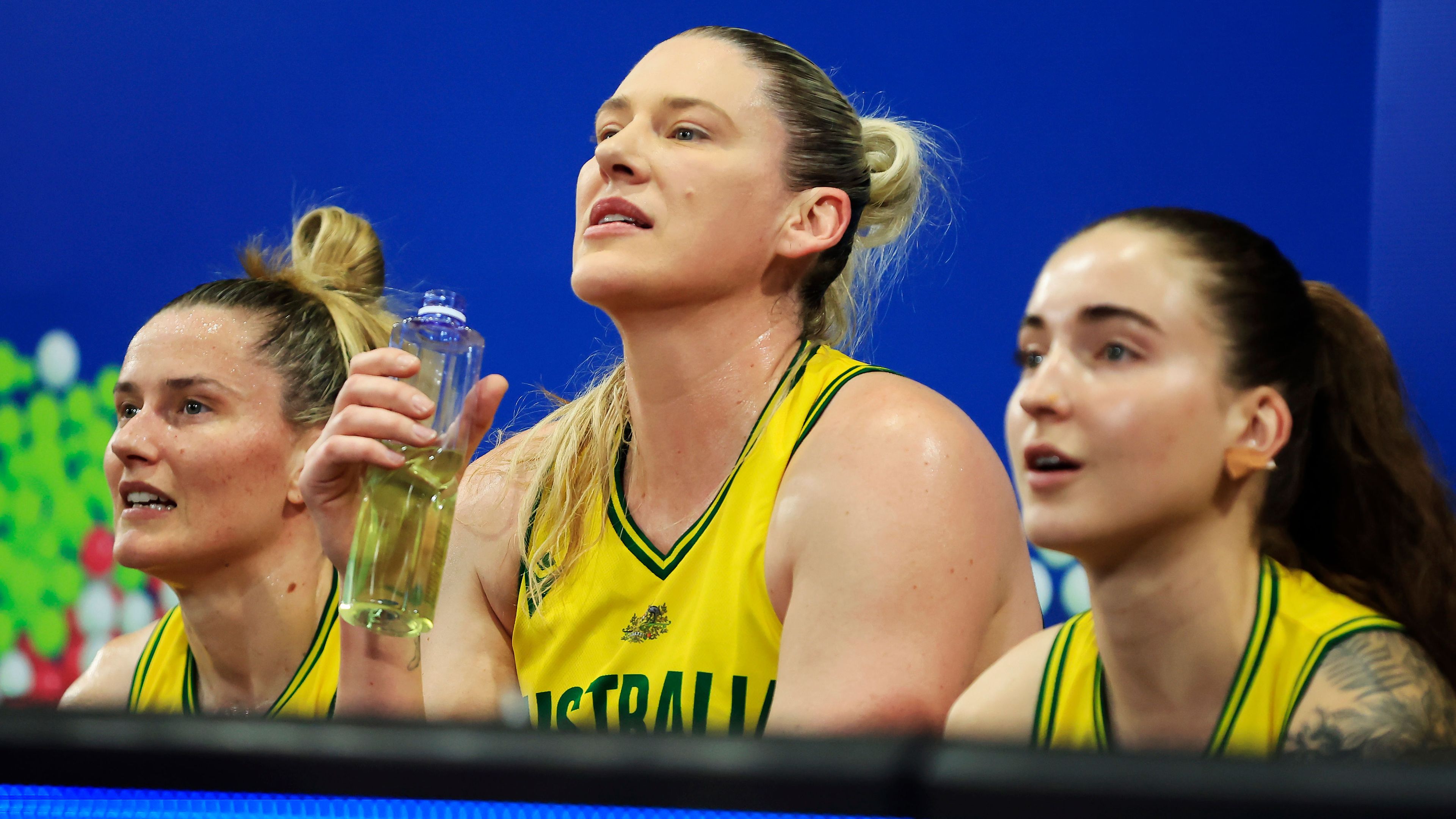Lauren Jackson of Australia looks on from the bench during a warm-up match for the 2022 FIBA Women&#x27;s World Cup.