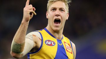 PERTH, AUSTRALIA - JUNE 13: Oscar Allen of the Eagles celebrates after scoring a goal during the 2021 AFL Round 13 match between the West Coast Eagles and the Richmond Tigers at Optus Stadium on June 13, 2021 in Perth, Australia. (Photo by Will Russell/AFL Photos)