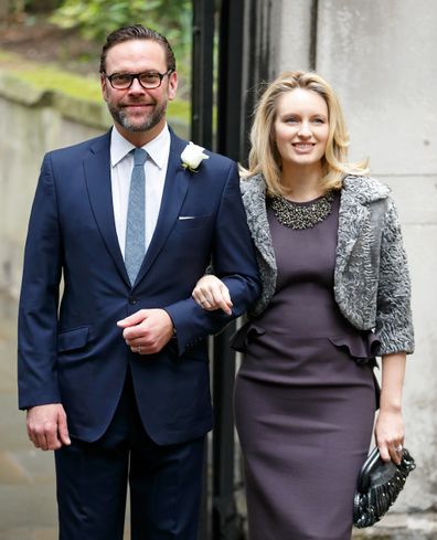 James Murdoch and wife Kathryn Murdoch arrive at St Bride's Church for Murdoch and Hall's 2016 wedding.