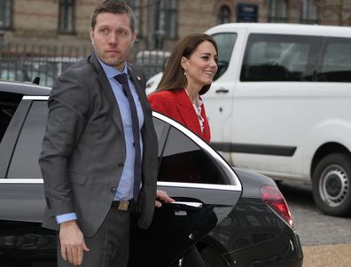 Kate Middleton, Duchess of Cambridge waves as she arrives at the University of Copenhagen Tuesday, Feb. 22, 2022