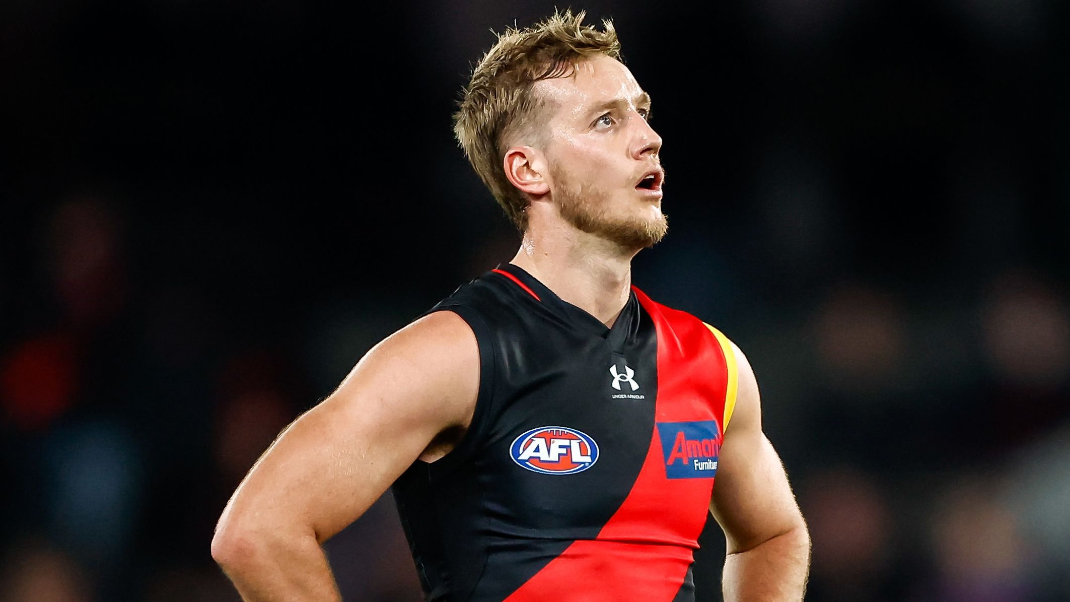 MELBOURNE, AUSTRALIA - JULY 21: Darcy Parish of the Bombers looks dejected after a loss during the 2023 AFL Round 19 match between the Essendon Bombers and the Western Bulldogs at Marvel Stadium on July 21, 2023 in Melbourne, Australia. (Photo by Dylan Burns/AFL Photos via Getty Images)