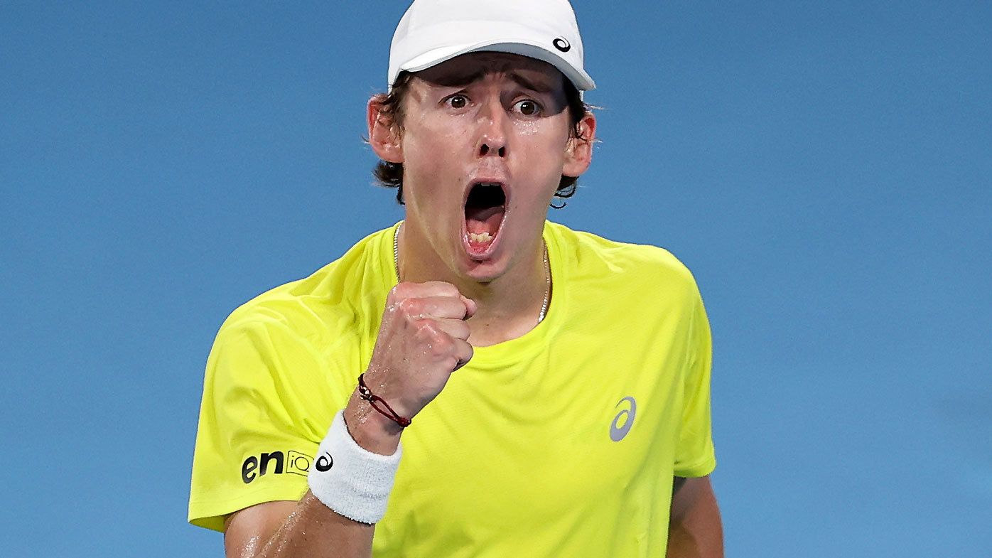 SYDNEY, AUSTRALIA - JANUARY 02: Alex de Minaur of Australia celebrates a point in his group D match against Rafael Nadal of Spain during day five of the 2023 United Cup at Ken Rosewall Arena on January 02, 2023 in Sydney, Australia. (Photo by Brendon Thorne/Getty Images)