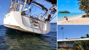 A photo of the Zero, run aground on a Western Australian island reef; and scenes from the Cook Islands, where the yacht was registered.