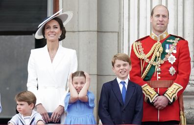 The Cambridges watch the RAF flypast during the Trooping the Colour, June 2022.