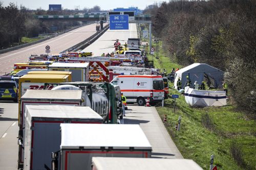 Emergency vehicles and rescue helicopters are at the scene of the accident on the A9, near Schkeuditz, Germany, Wednesday March 27. 2024. 