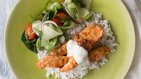 Tandoori-charred chicken with shaved cucumber salad and mint raita