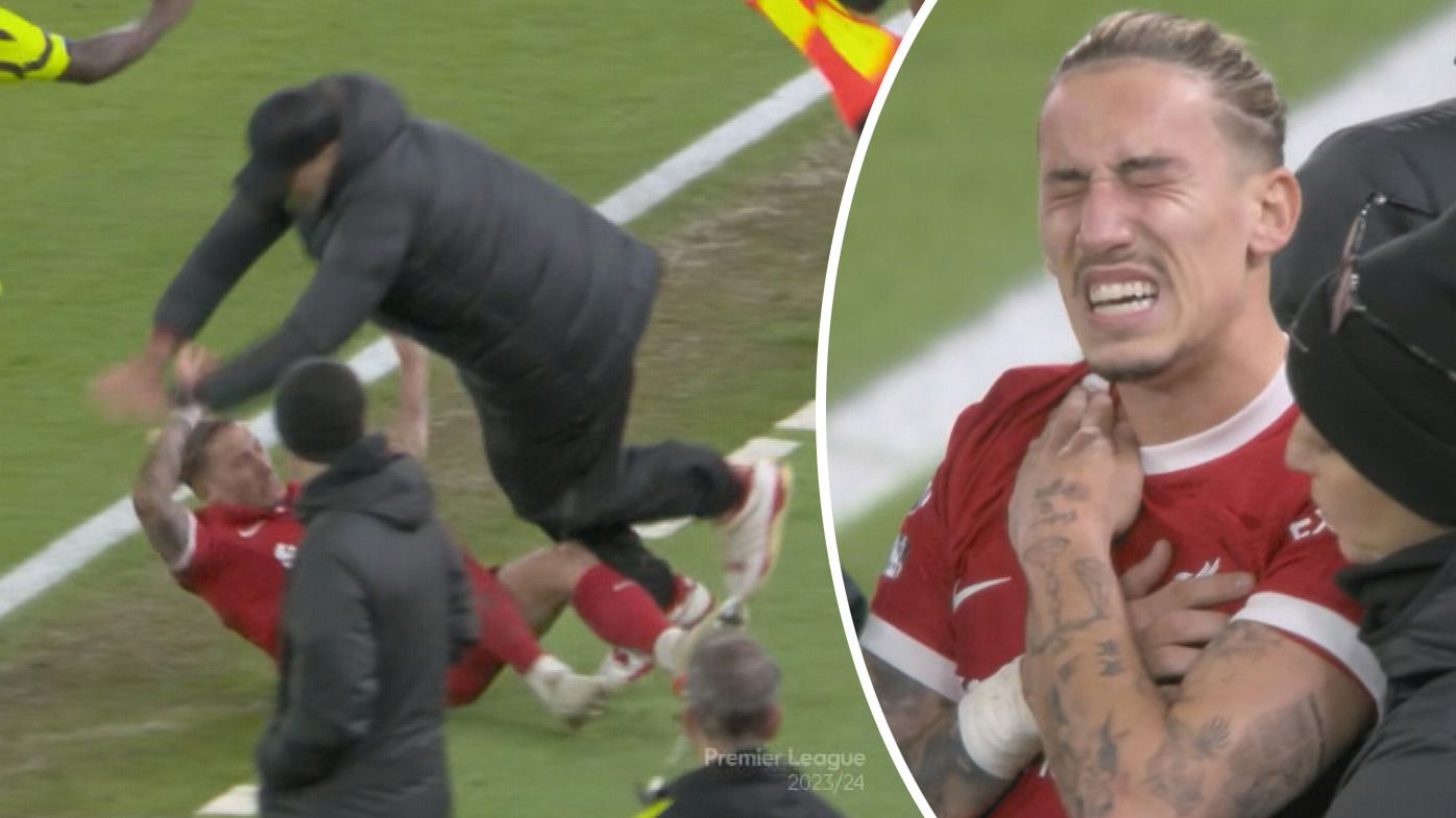 Kostas Tsimikas suffered a broken collarbone in a bizarre sideline collision involving Liverpool manager Jurgen Klopp.