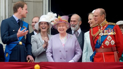 Prince William, Sophie, Countess of Wessex, Queen Elizabeth II, Prince Michael of Kent, Princess Michael of Kent and Prince Philip, Duke of Edinburgh watch the fly past from the balcony of Buckingham Palace at Trooping The Colour on June 12, 2010 in London, England. Trooping The Colour is the Queen's annual birthday parade and dates back to the time of Charles II in the 17th Century when the colours of a regiment were used as a rallying point in battle. 