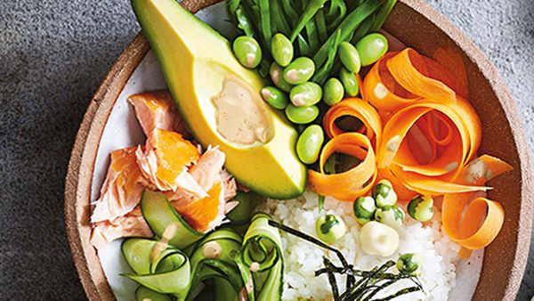 Salmon and avocado poke bowl by Praise