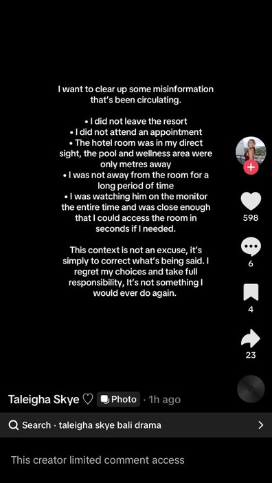 Aussie TikTok influencer Taleigha Skye addresses 'misinformation' after she left her six-month-old baby alone in a Bali hotel room.