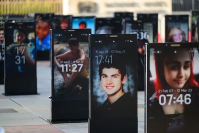 A general view of Lost Screen Memorial, prior to the opening of the 79th World Health Assembly at Place des Nations on May 17, 2026 in Geneva, Switzerland. Lost Screen Memorial is a memorial art installation featuring illuminated smartphone lock screens symbolizing 50 children who tragically lost their lives due to social media-related harm.