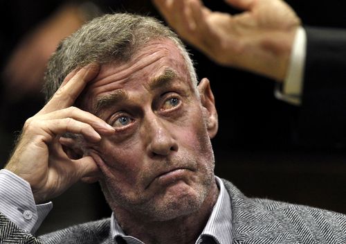 Michael Peterson listens as his defence attorney David Rudolph makes his opening statements in Peterson's request for a new trial in 2011, in Durham, North Carolina. (Getty)