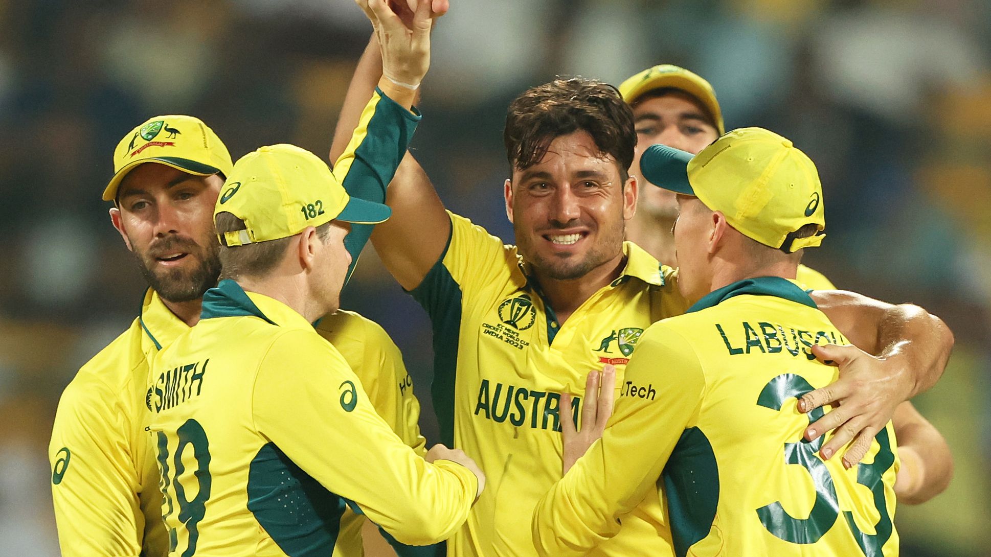 Marcus Stoinis of Australia celebrates the wicket of Imam-ul-Haq of Pakistan during the ICC Men&#x27;s Cricket World Cup India 2023 between Australia and Pakistan at M. Chinnaswamy Stadium on October 20, 2023 in Bangalore, India. (Photo by Robert Cianflone/Getty Images)