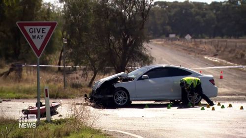 The wreckage of a car following the fatal crash at Strathmerton.