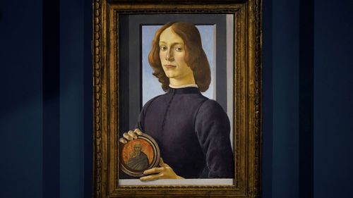 Sandro Botticelli's "Young Man Holding a Roundel" is displayed at Sotheby's in New York, Friday, Jan. 22, 2021