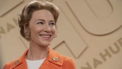 This image released by FX shows Cate Blanchett as Phyllis Schlafly in a scene from the miniseries "Mrs. America," an FX original series premiering April 15 on Hulu. (Sabrina Lantos/FX via AP)