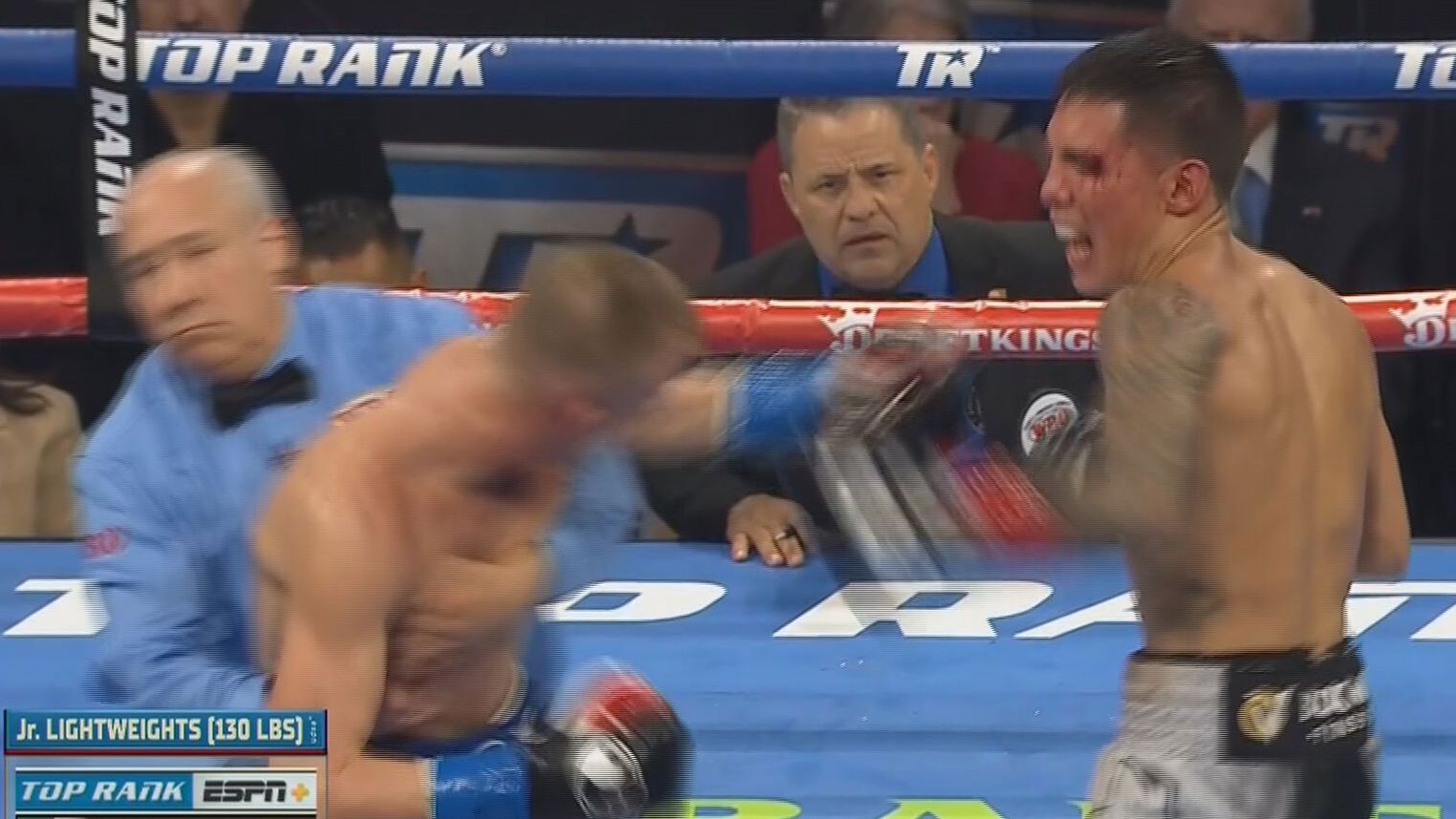 The referee stepped in to stop the fight between Liam Wilson and Oscar Valdez.
